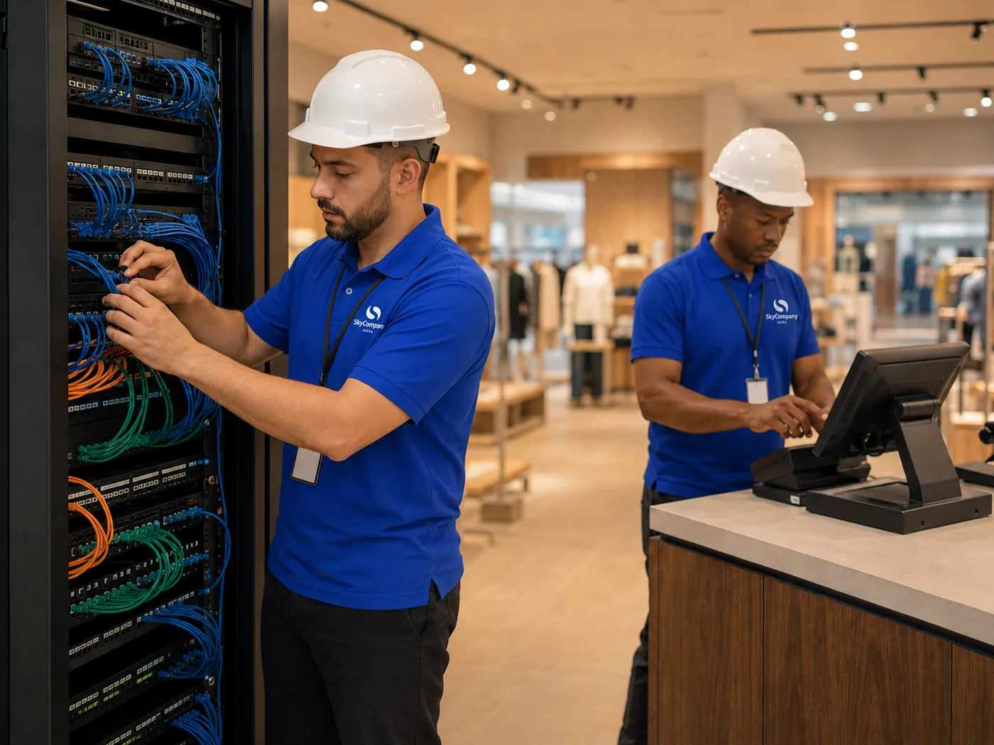 Técnicos da SkyCompany atendendo rack de rede e PDV em loja de varejo