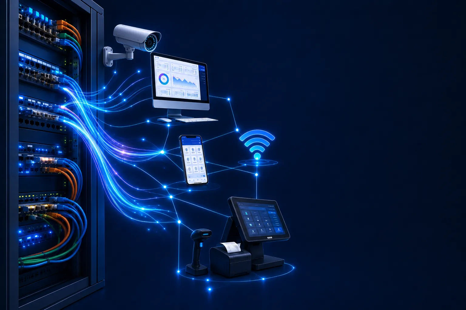 Rack de rede com fibras ópticas iluminadas conectando dispositivos de loja